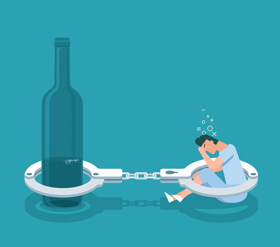 Illustration of a person chained to a bottle.