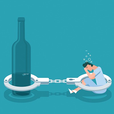 Illustration of a person chained to a bottle.